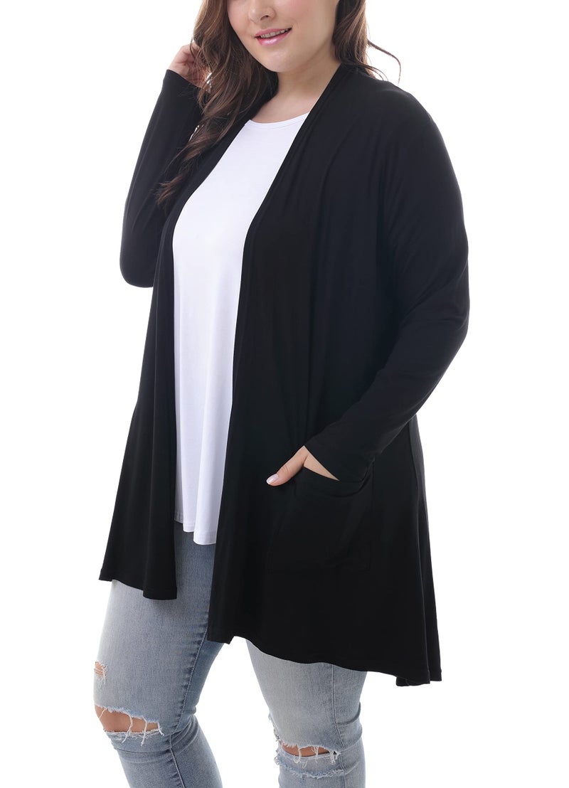ZERDOCEAN Women's Plus Size Long Sleeve Lightweight Soft Printed Drape Cardigan with Pockets Black 2X - Image 3